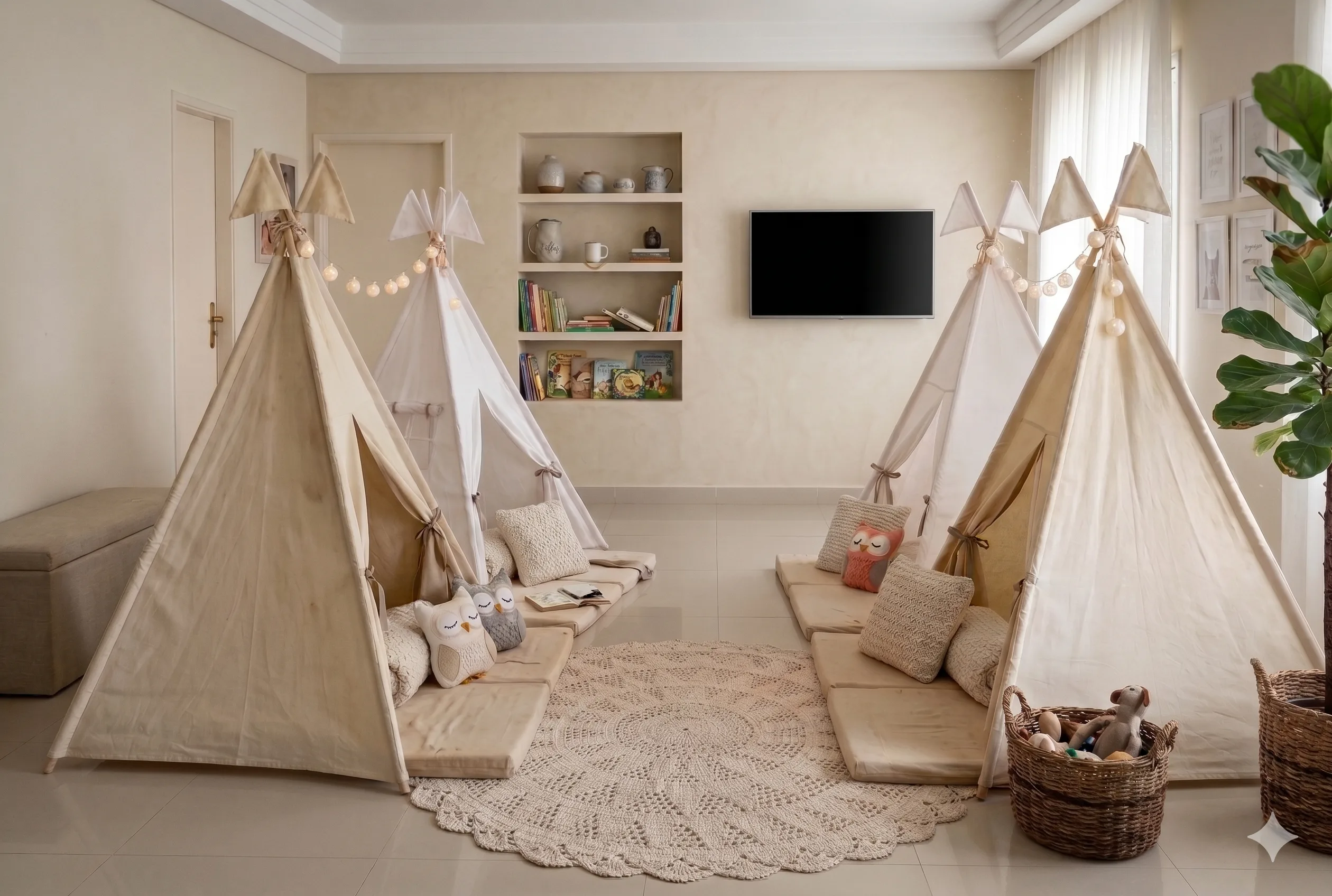 Cabana com fairy lights e enxoval para festa pijama infantil